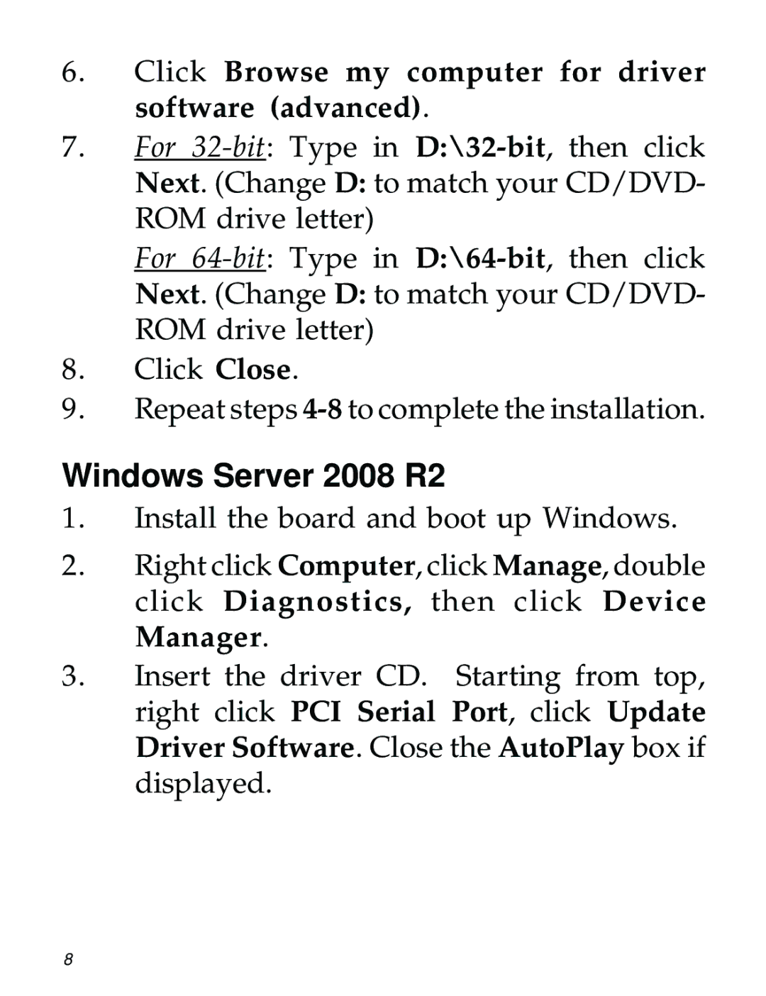 SIIG 104-0722A manual Windows Server 2008 R2, Click Browse my computer for driver software advanced 