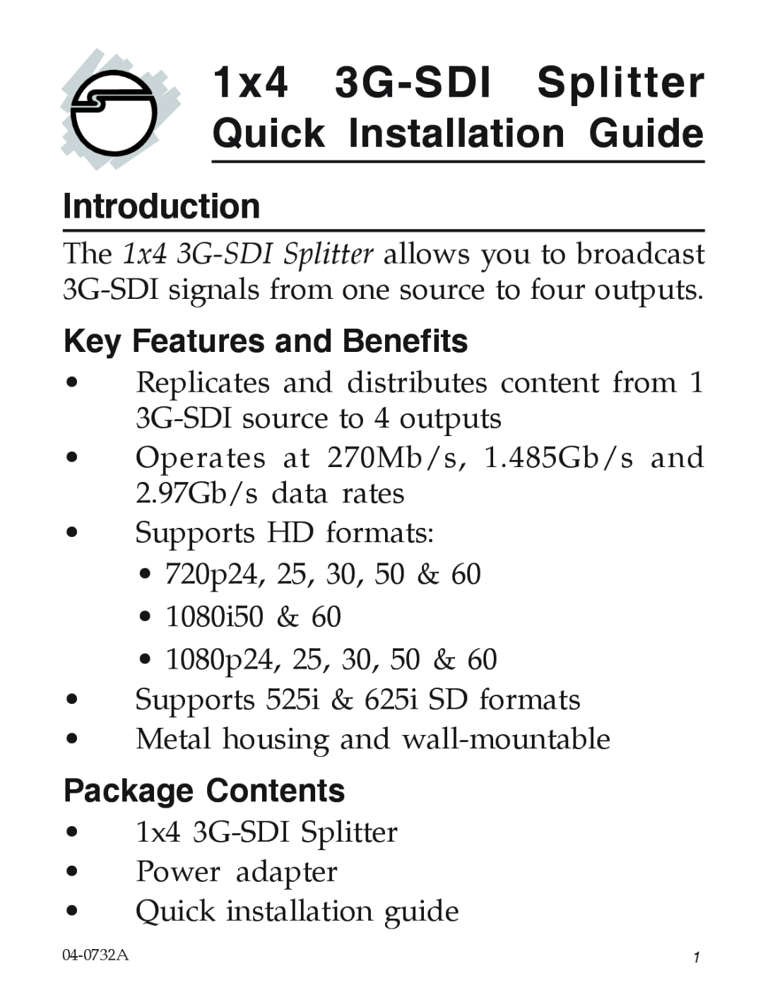 SIIG 104-0732A manual Introduction, Key Features and Benefits, Package Contents, 1x4 3G-SDISplitter 