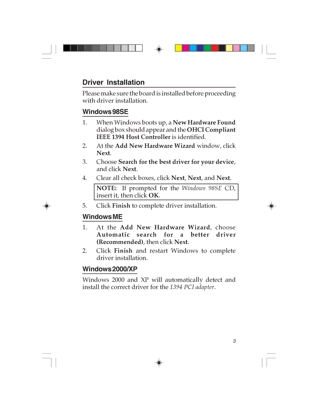 SIIG 1394 manual Driver Installation, Windows98SE, Windows ME, Windows2000/XP 