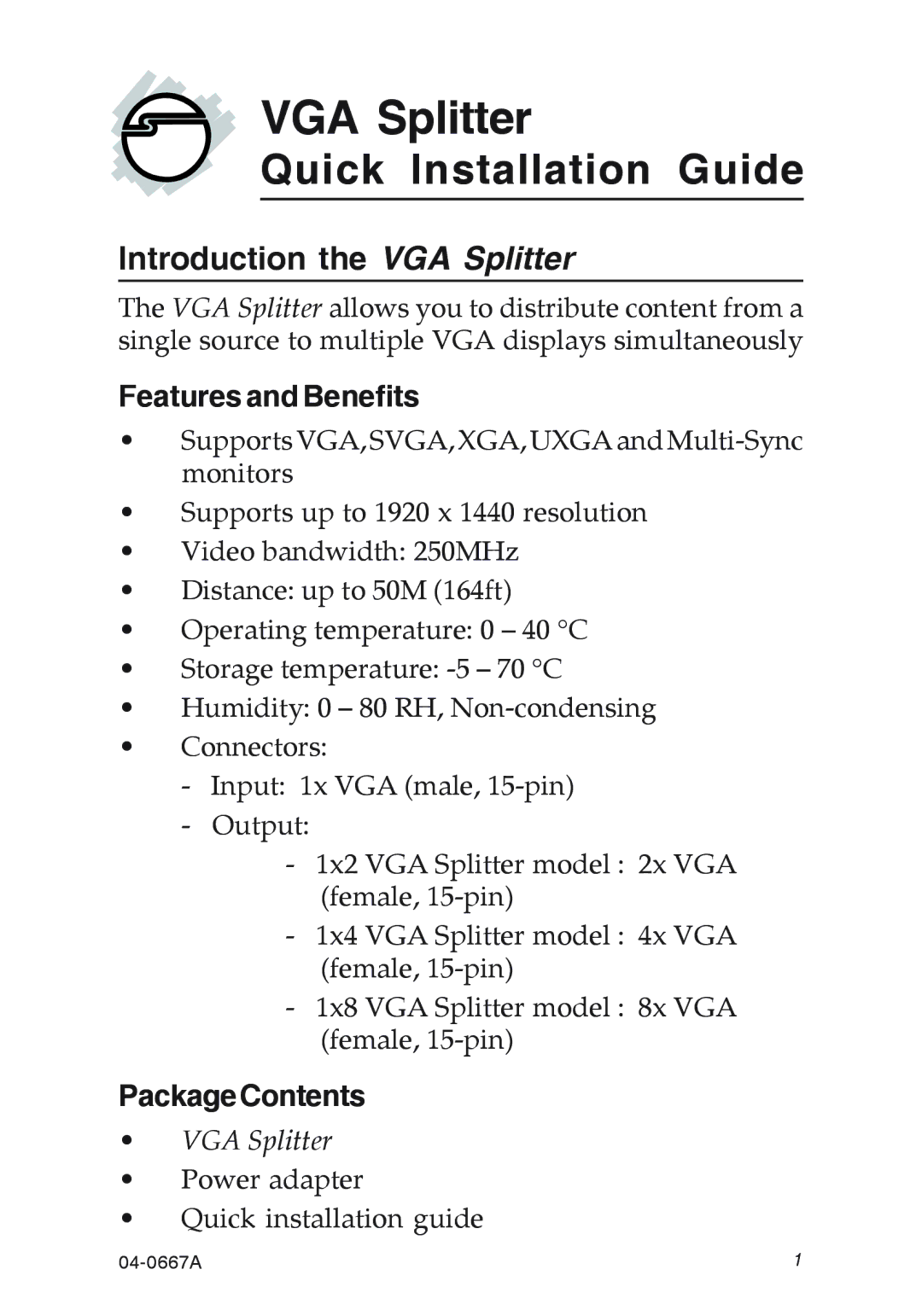 SIIG 16556380 manual Introduction the VGA Splitter, Features and Benefits, PackageContents 