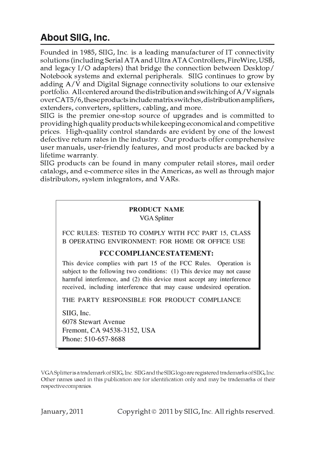 SIIG 16556380 manual About SIIG, Inc, Fcc Compliance Statement 