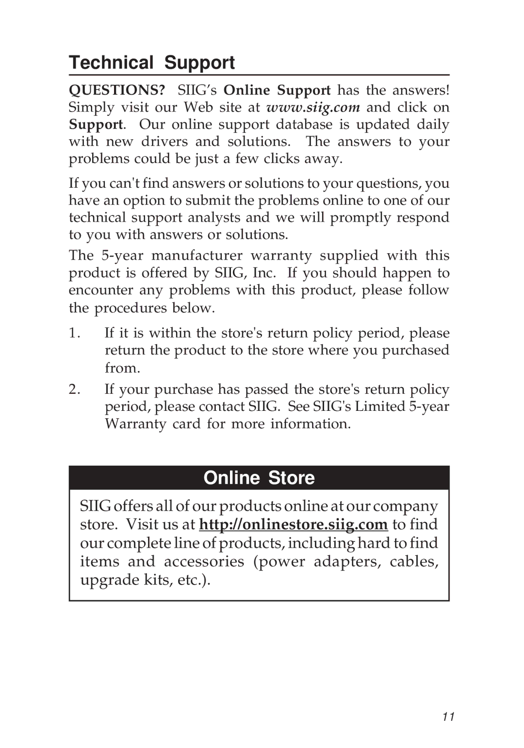 SIIG 1S1P PCI manual Technical Support, Online Store 