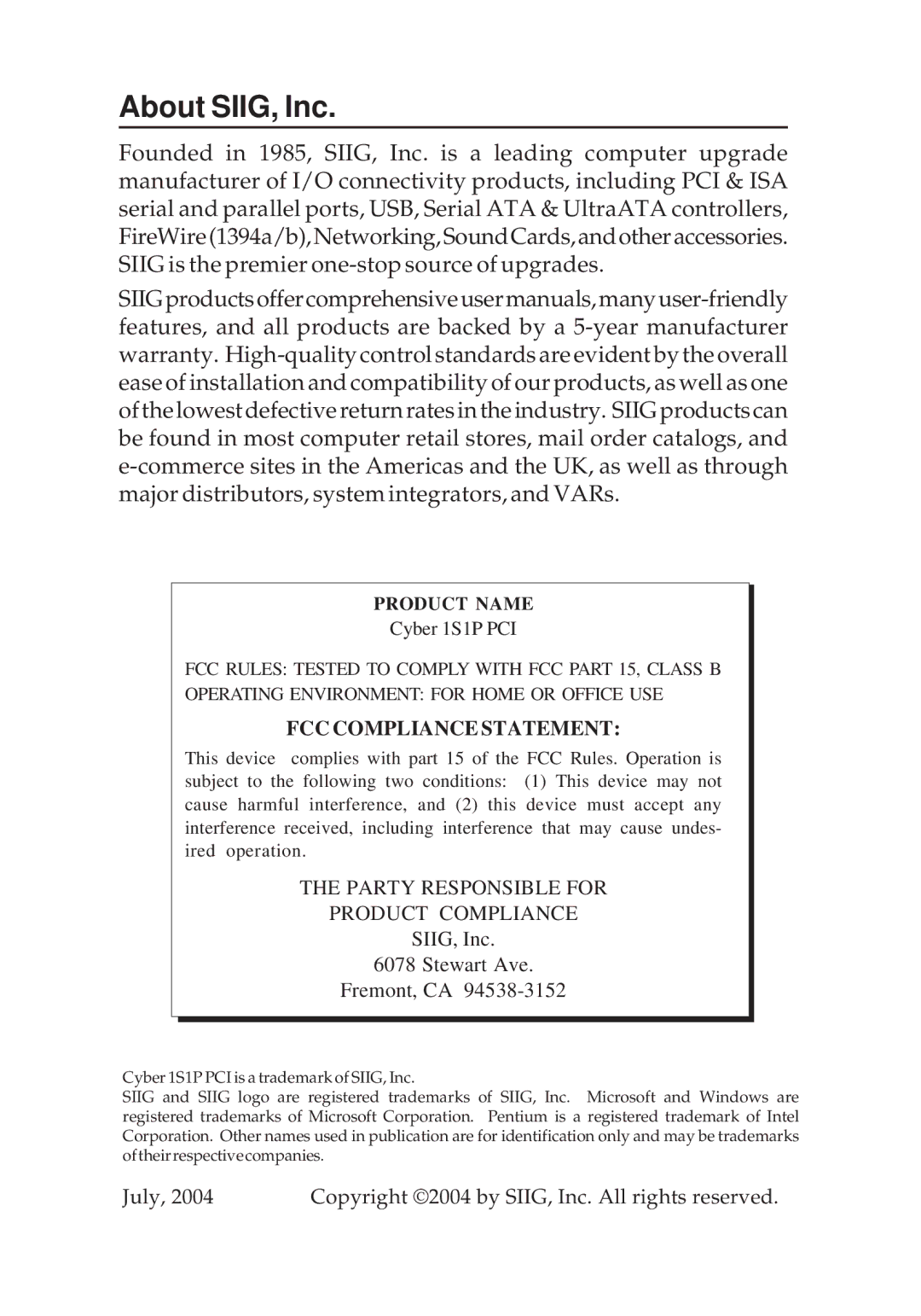 SIIG 1S1P PCI manual About SIIG, Inc, Product Name 