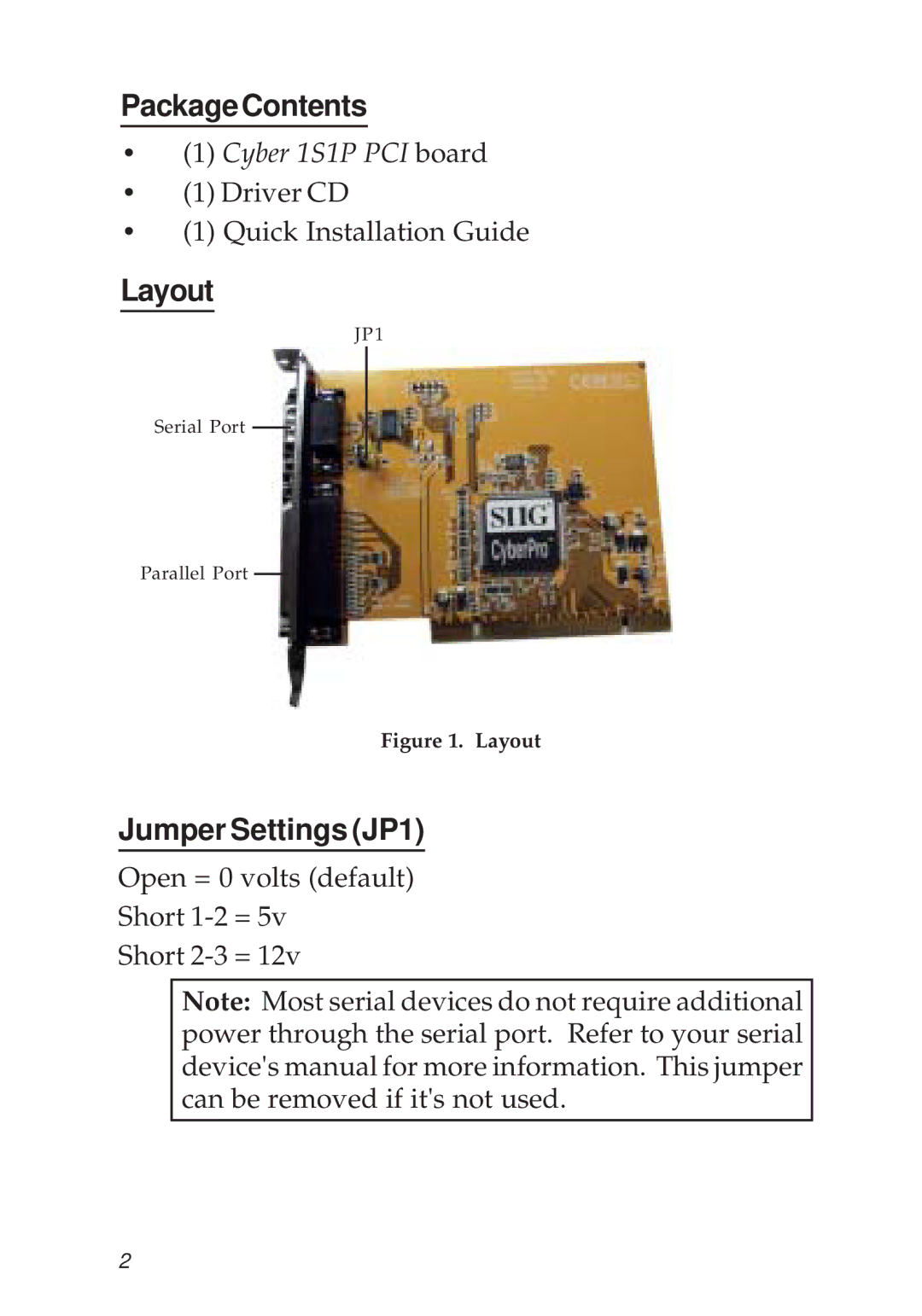 SIIG 1S1P PCI manual PackageContents, Layout, Jumper Settings JP1 