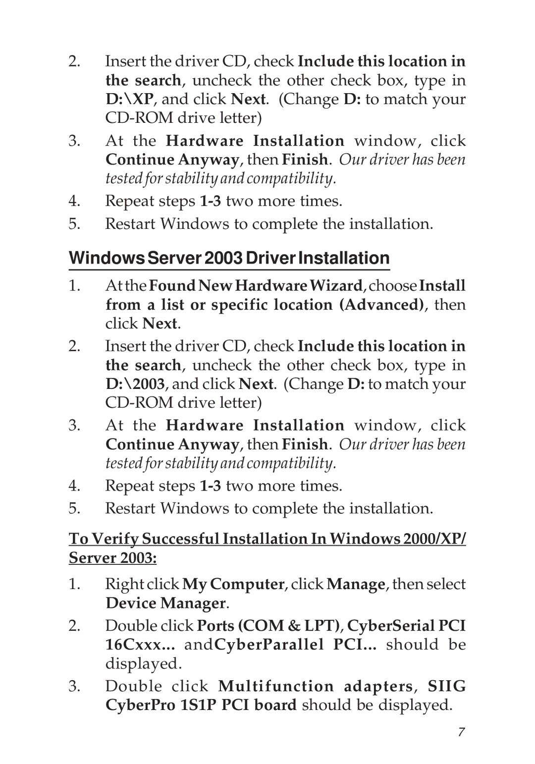 SIIG 1S1P PCI manual Windows Server 2003 Driver Installation 