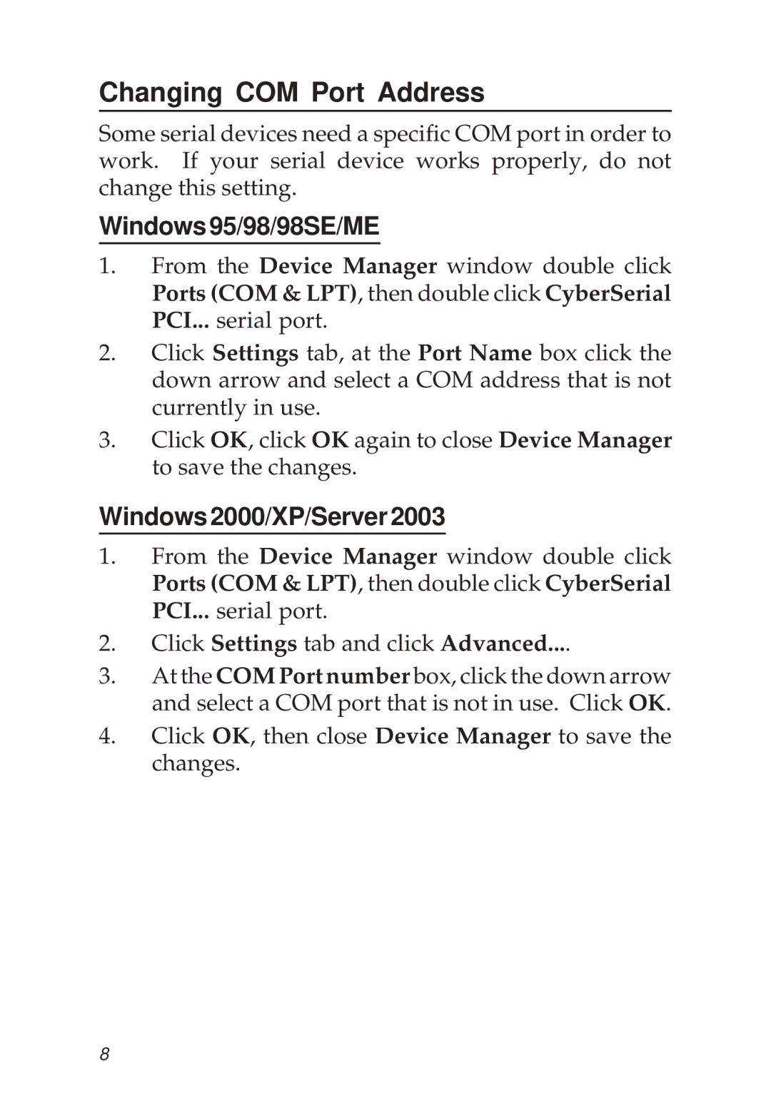 SIIG 1S1P PCI manual Changing COM Port Address, Windows95/98/98SE/ME, Windows2000/XP/Server2003 