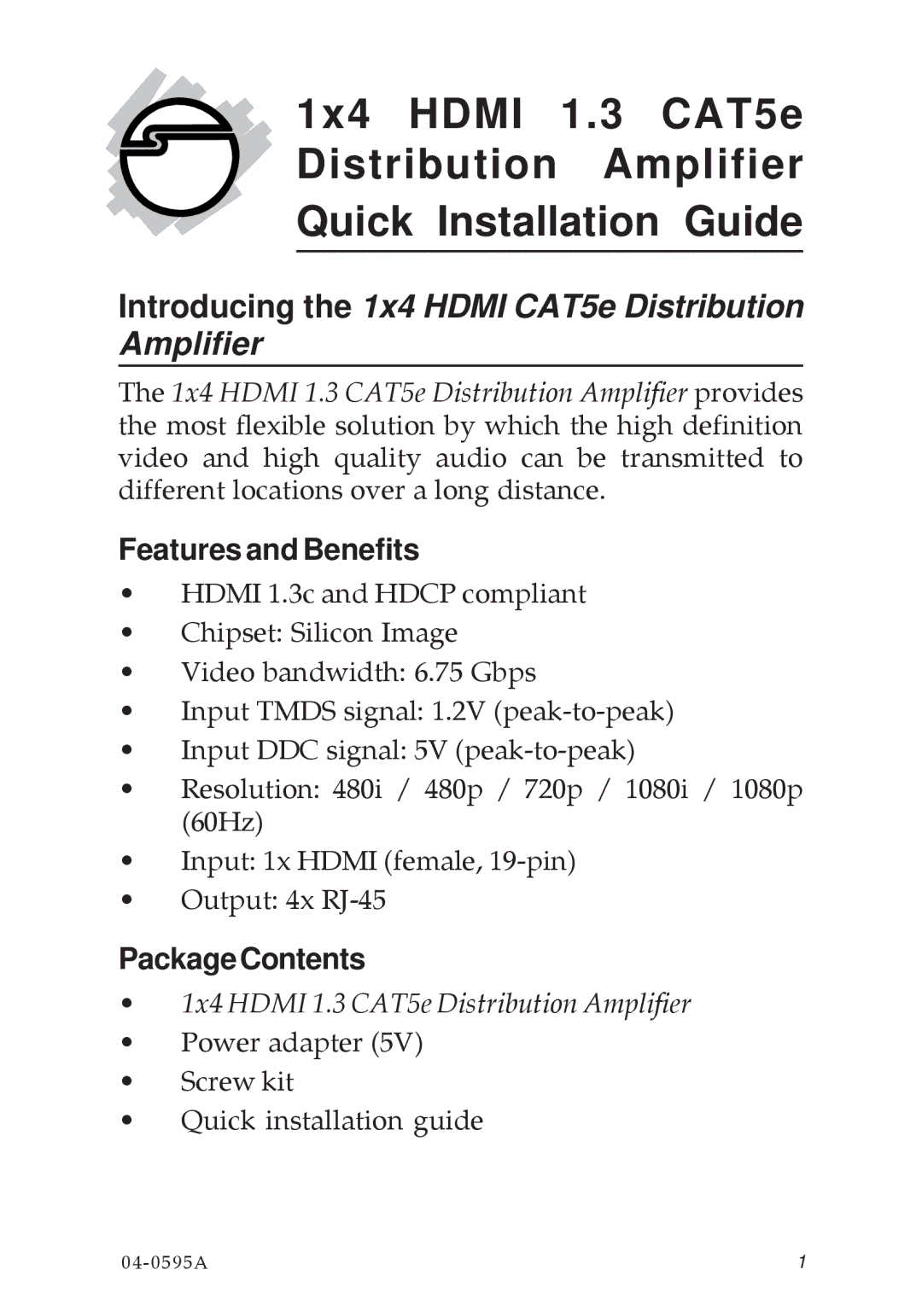 SIIG 1X4 HDMI 1.3 CAT5E manual Introducing the 1x4 Hdmi CAT5e Distribution Amplifier, Features and Benefits 