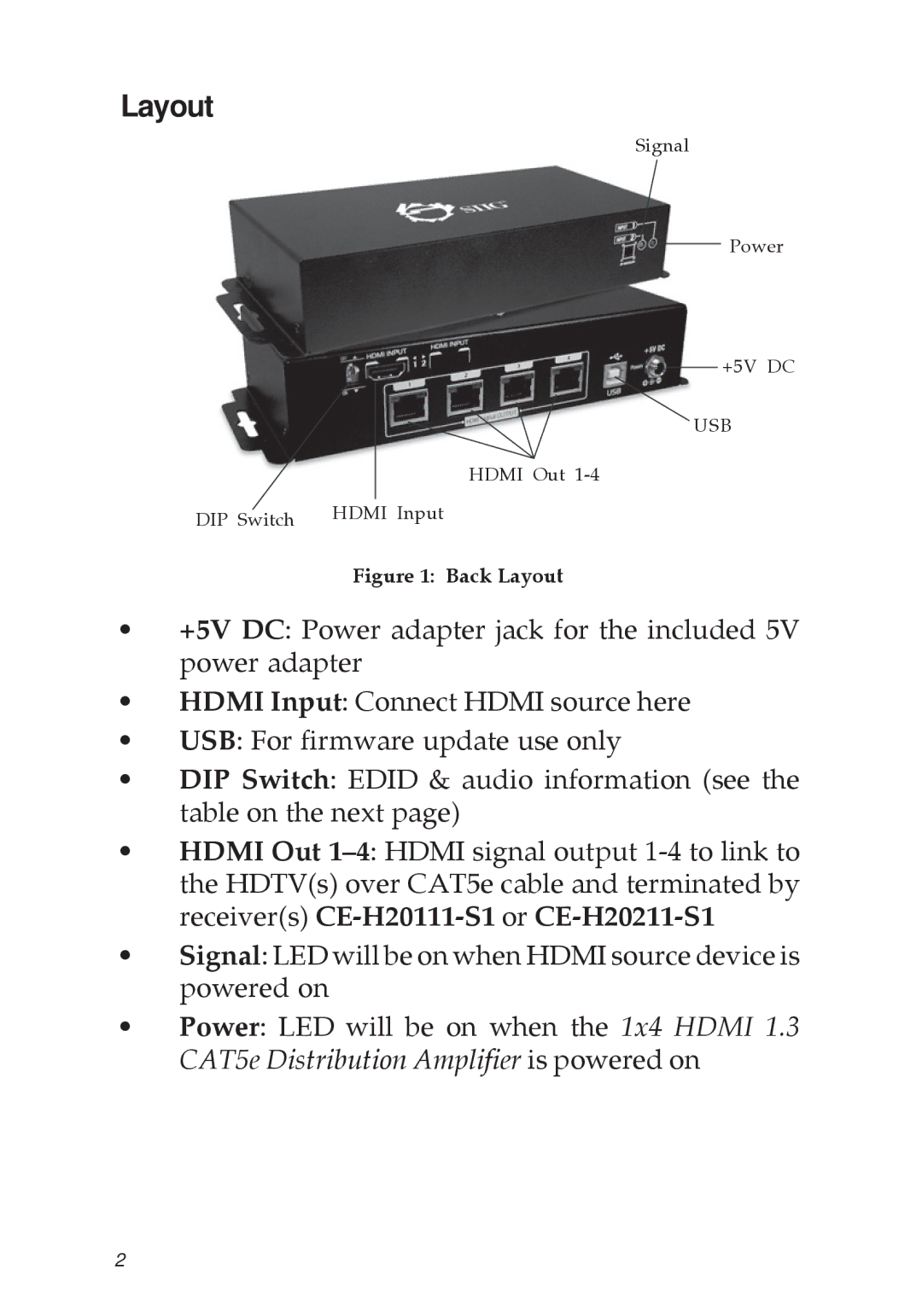 SIIG 1X4 HDMI 1.3 CAT5E manual Back Layout 