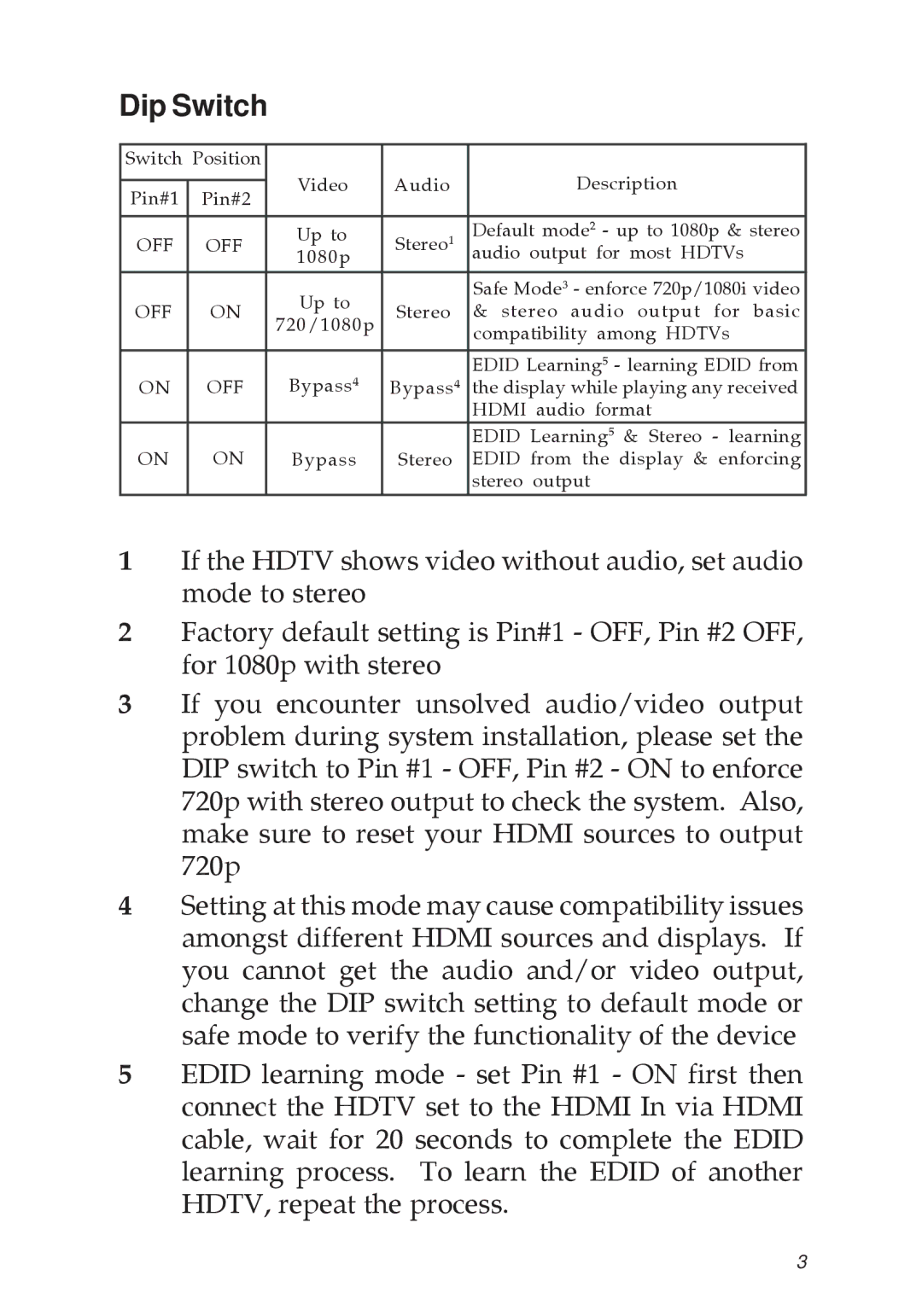 SIIG 1X4 HDMI 1.3 CAT5E manual Dip Switch, Off 