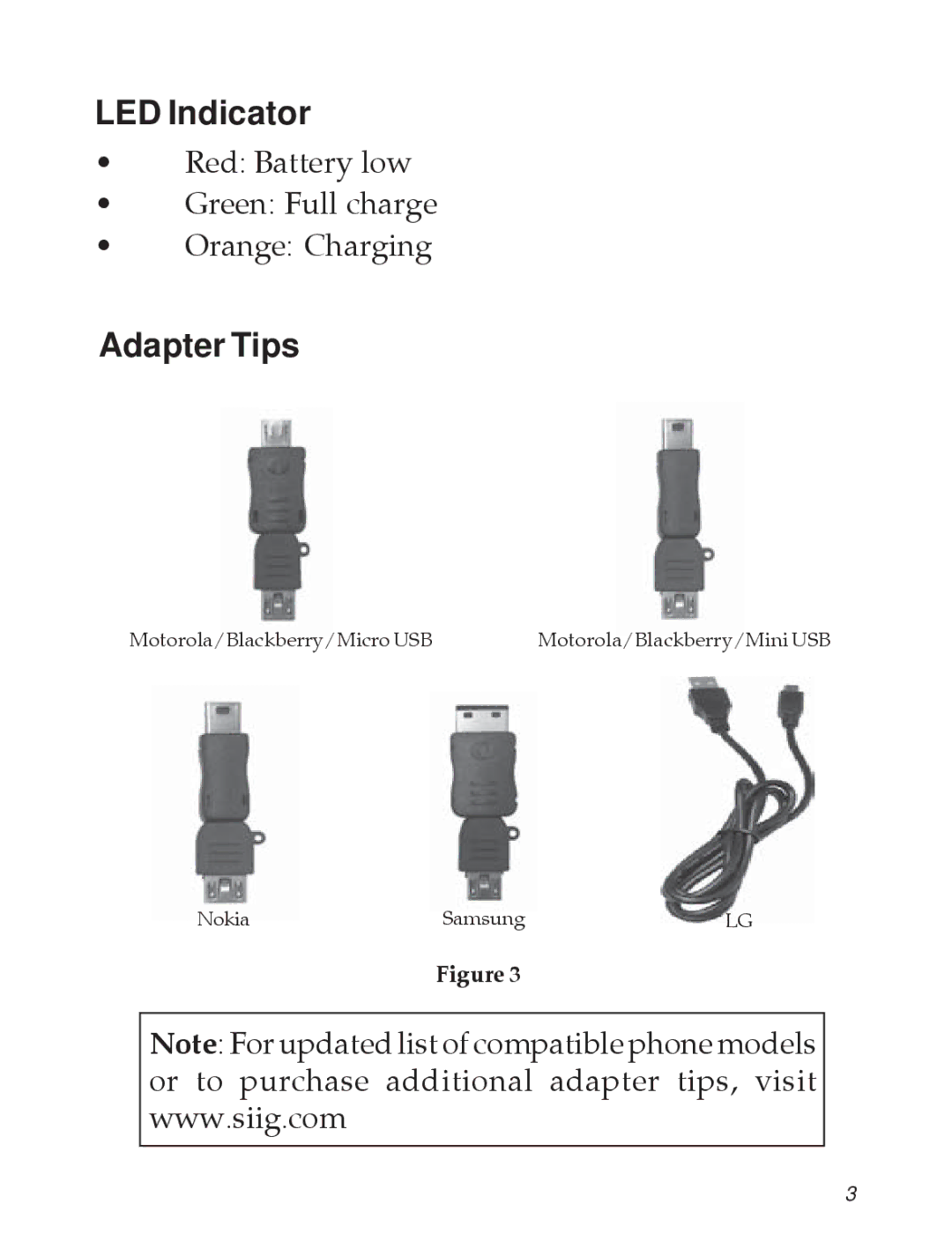 SIIG 2400 manual LED Indicator, Adapter Tips 