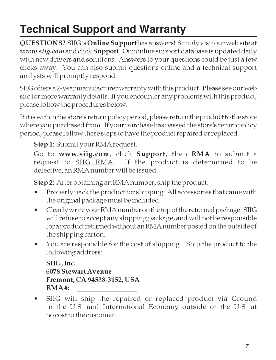 SIIG 2400 manual Technical Support and Warranty, SIIG, Inc Stewart Avenue Fremont, CA 94538-3152, USA RMA # 