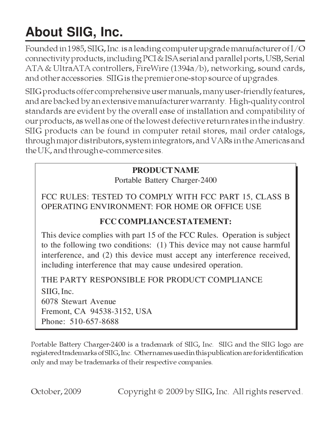 SIIG 2400 manual About SIIG, Inc, Product Name 