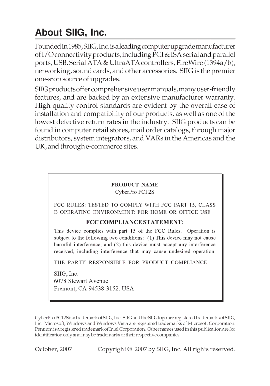 SIIG 2S manual About SIIG, Inc, Product Name 