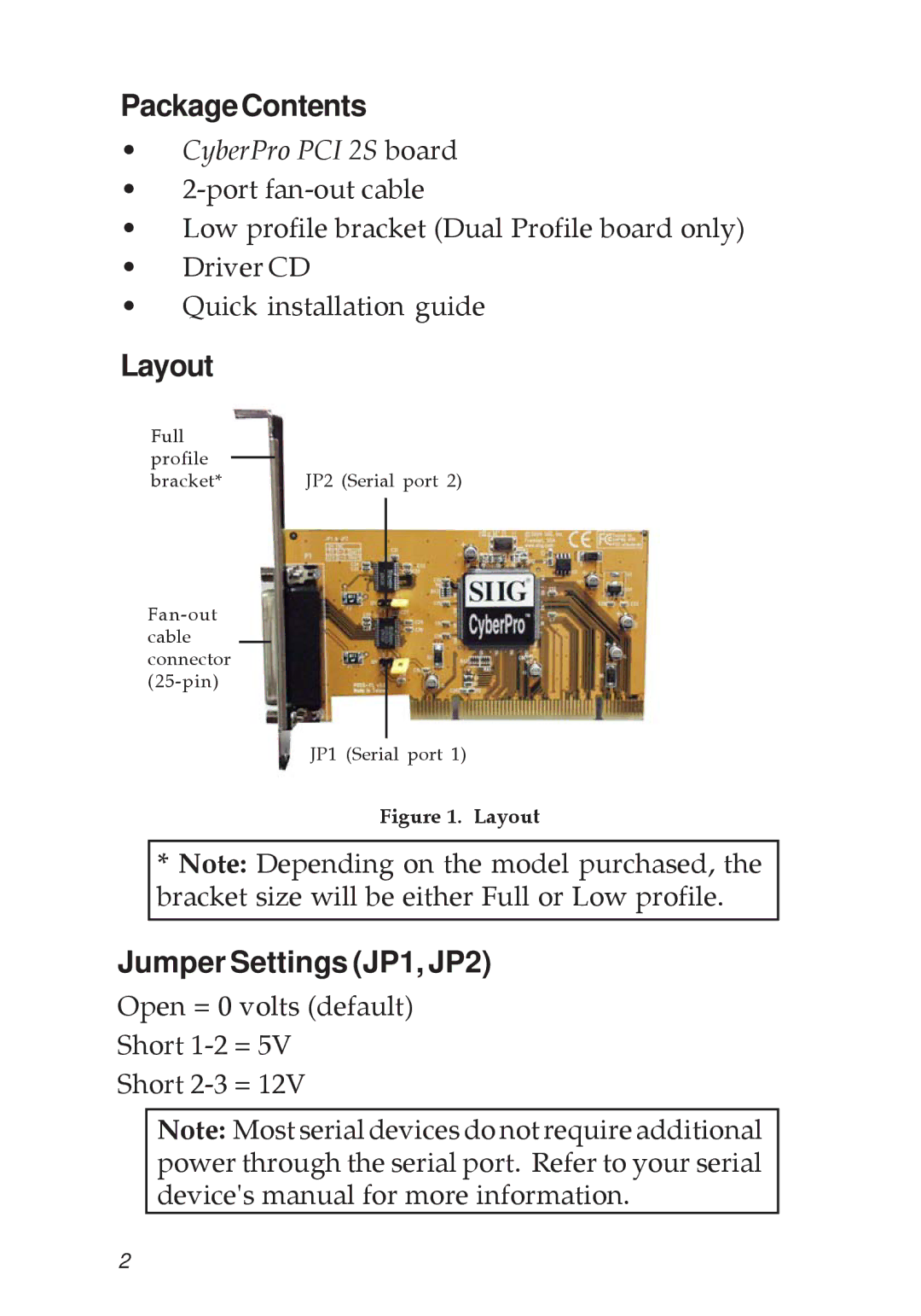 SIIG 2S manual PackageContents, Layout, Jumper Settings JP1, JP2 