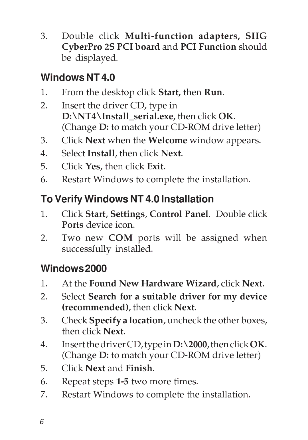 SIIG 2S manual To Verify Windows NT 4.0 Installation, Windows2000 