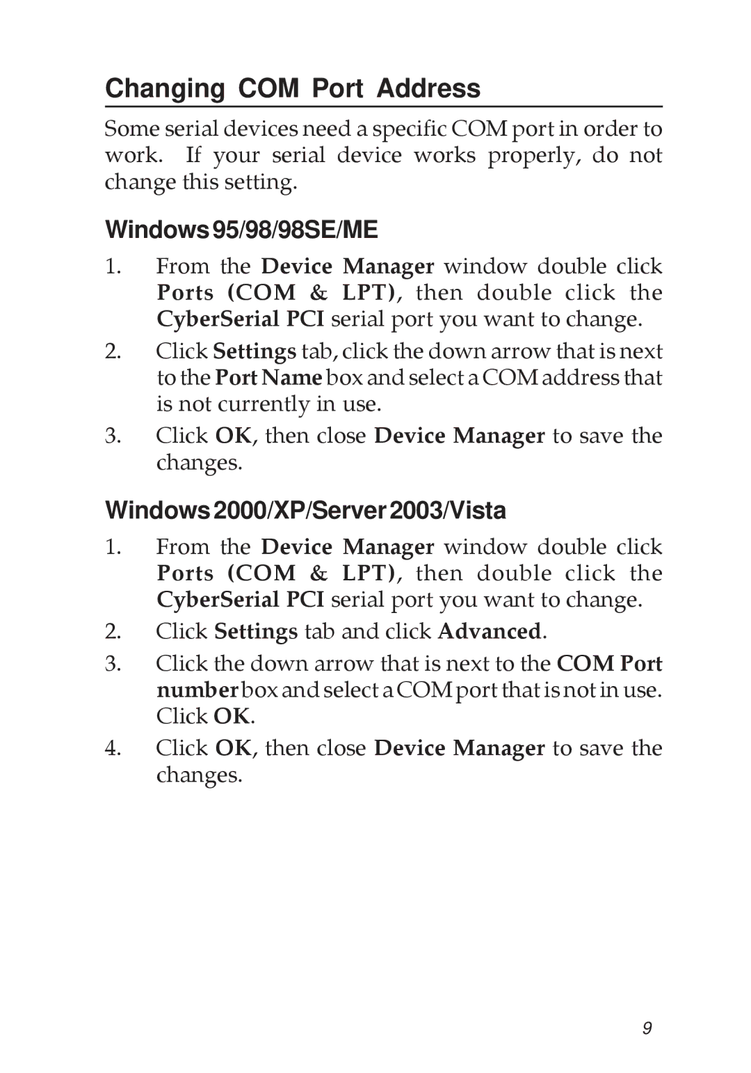 SIIG 2S manual Changing COM Port Address, Windows95/98/98SE/ME, Windows2000/XP/Server2003/Vista 