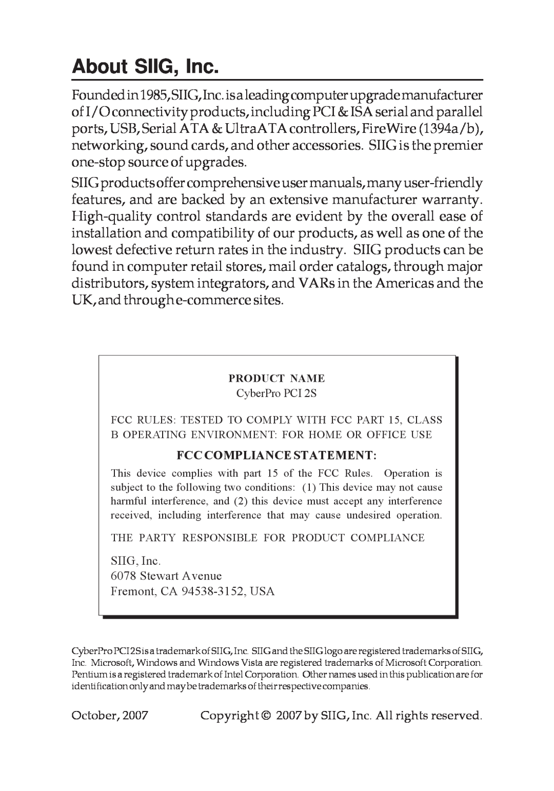 SIIG 2S manual About SIIG, Inc, Fcc Compliance Statement 
