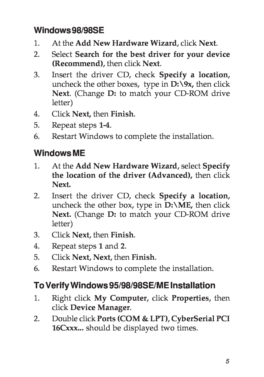 SIIG 2S manual Windows98/98SE, Windows ME, To Verify Windows 95/98/98SE/ME Installation 