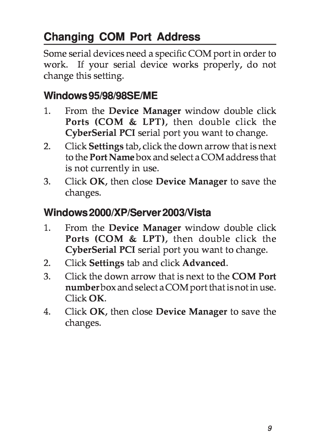 SIIG 2S manual Changing COM Port Address, Windows95/98/98SE/ME, Windows2000/XP/Server2003/Vista 