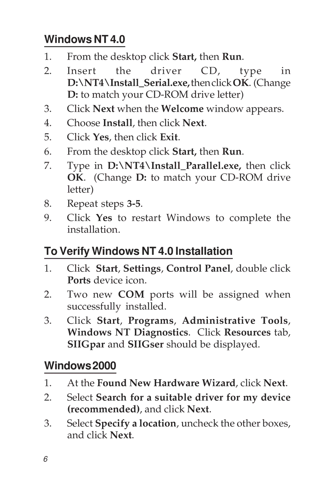 SIIG 2S1P manual To Verify Windows NT 4.0 Installation, Windows2000 