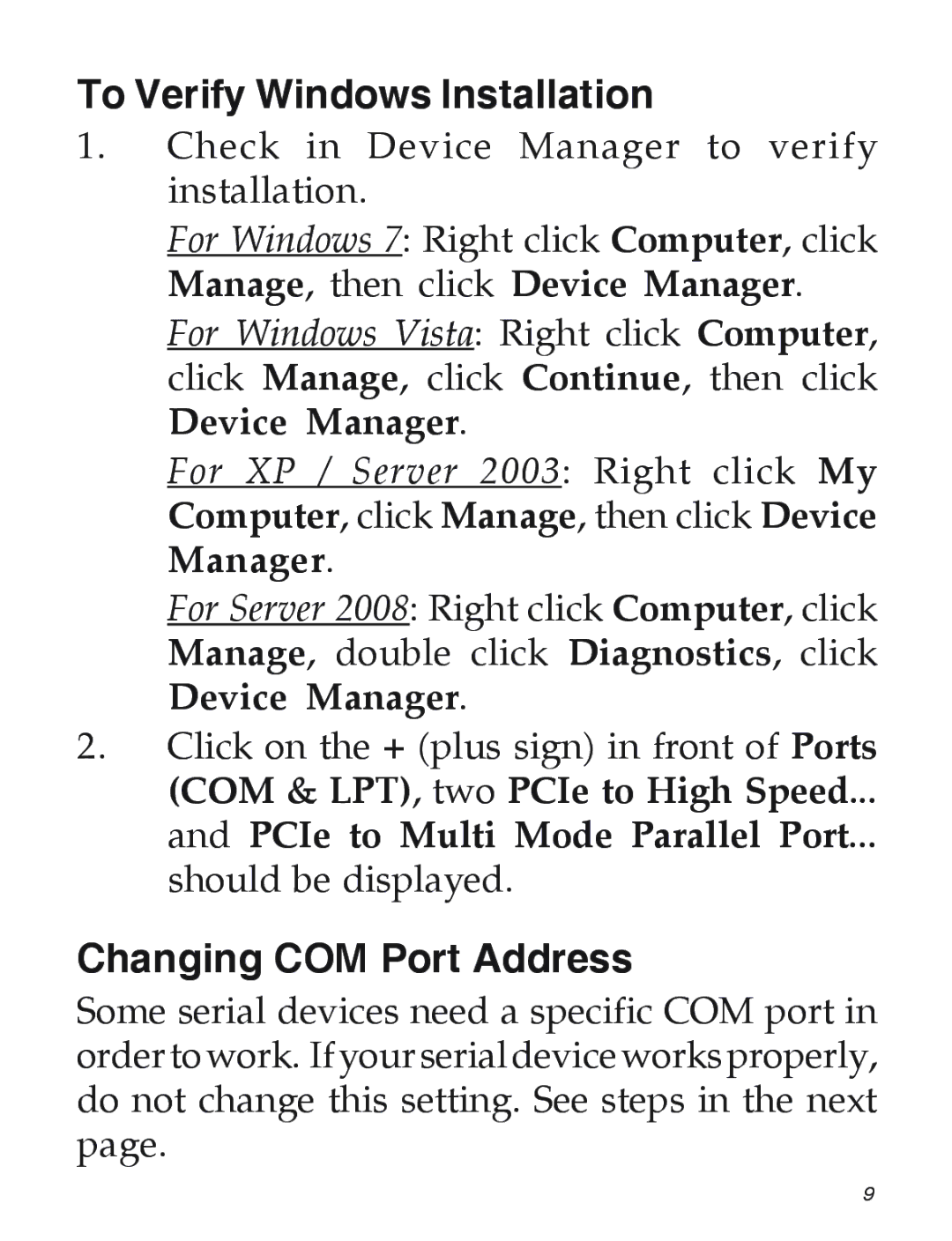 SIIG 2S1P manual To Verify Windows Installation, Changing COM Port Address 