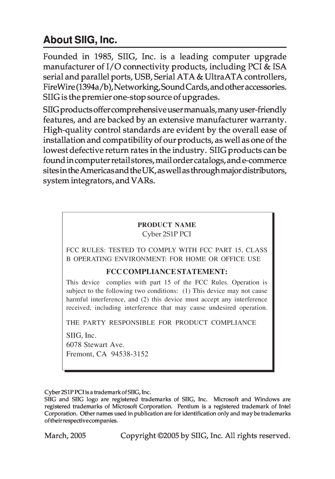 SIIG 2S1P manual About SIIG, Inc, Fcc Compliance Statement 