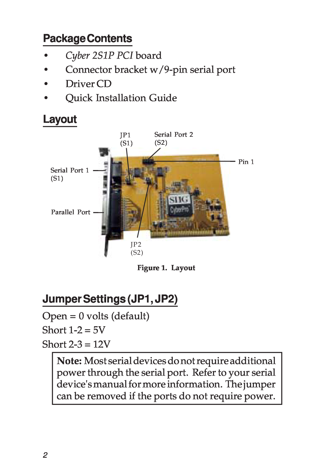 SIIG manual PackageContents, Layout, Jumper Settings JP1, JP2, Cyber 2S1P PCI board 