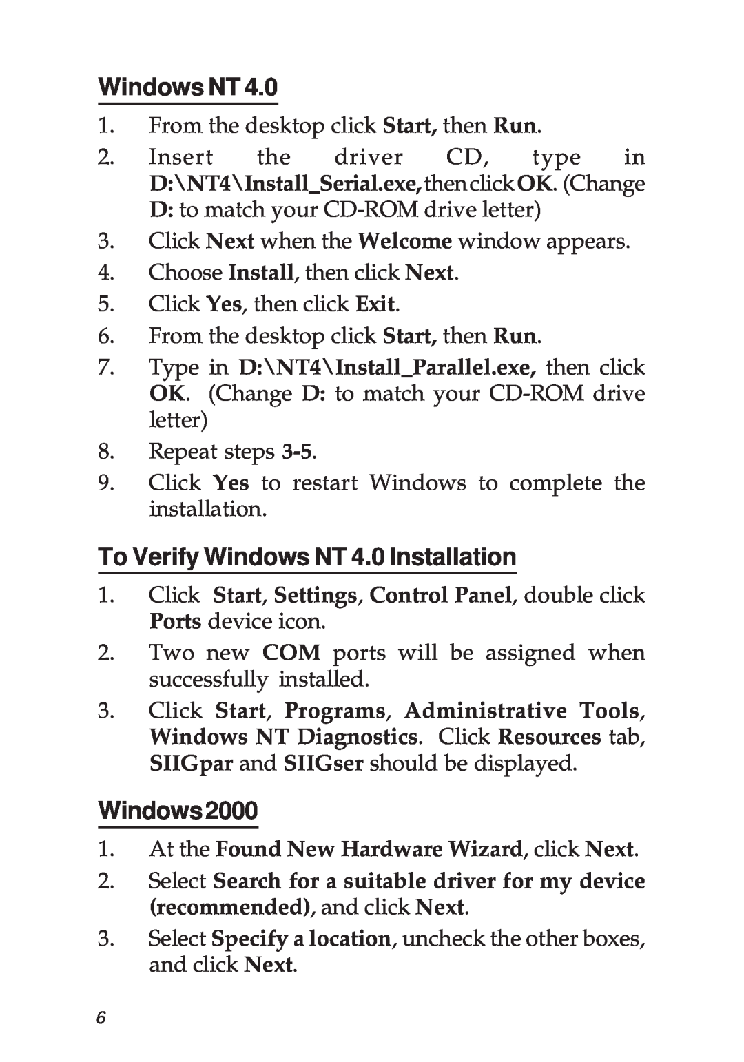 SIIG 2S1P manual To Verify Windows NT 4.0 Installation, Windows2000 