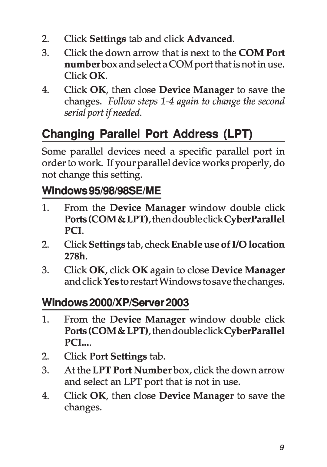 SIIG 2S1P Changing Parallel Port Address LPT, Windows95/98/98SE/ME, Windows2000/XP/Server2003, Click Port Settings tab 