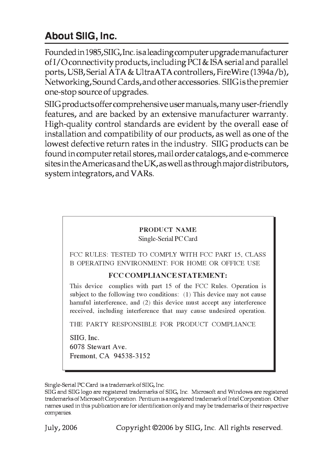 SIIG 4590, 4110 manual About SIIG, Inc, Fcc Compliance Statement 