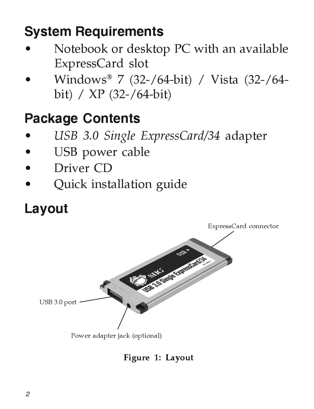 SIIG 5052, 5053 manual System Requirements, Package Contents, Layout, USB 3.0 Single ExpressCard/34 adapter 
