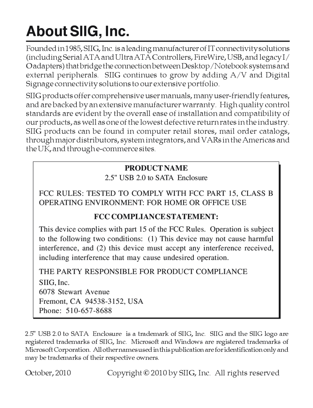 SIIG 5090S manual About SIIG, Inc, Product Name, Fcc Compliance Statement 