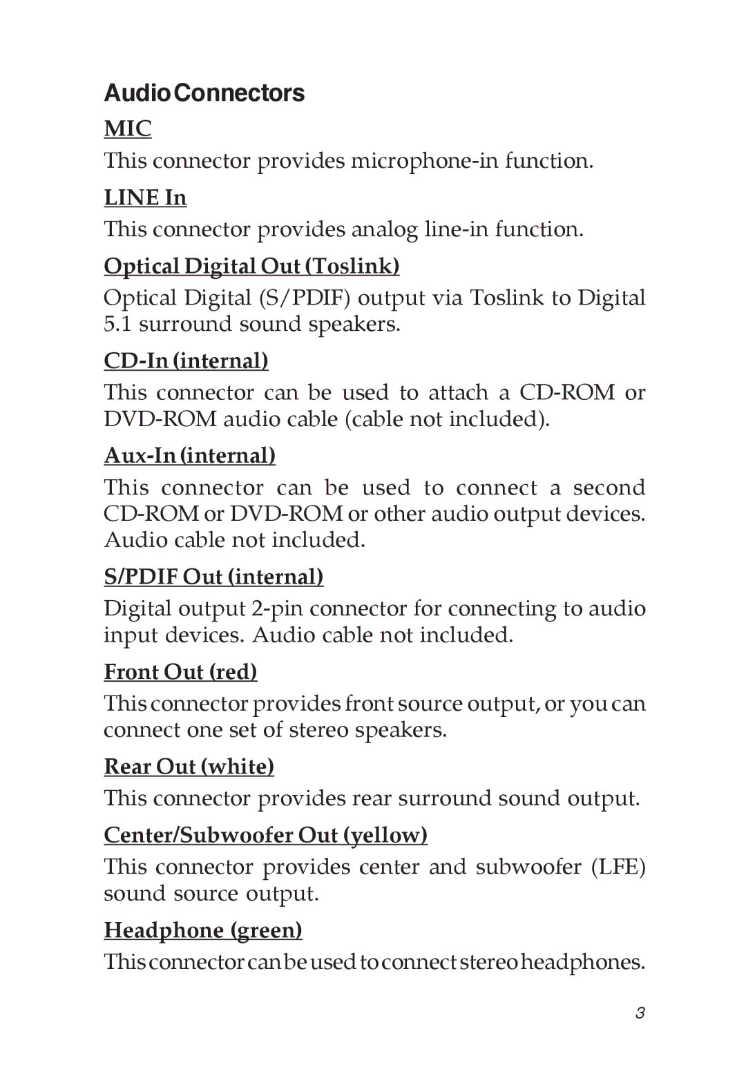 SIIG 5.1 specifications AudioConnectors, Mic 