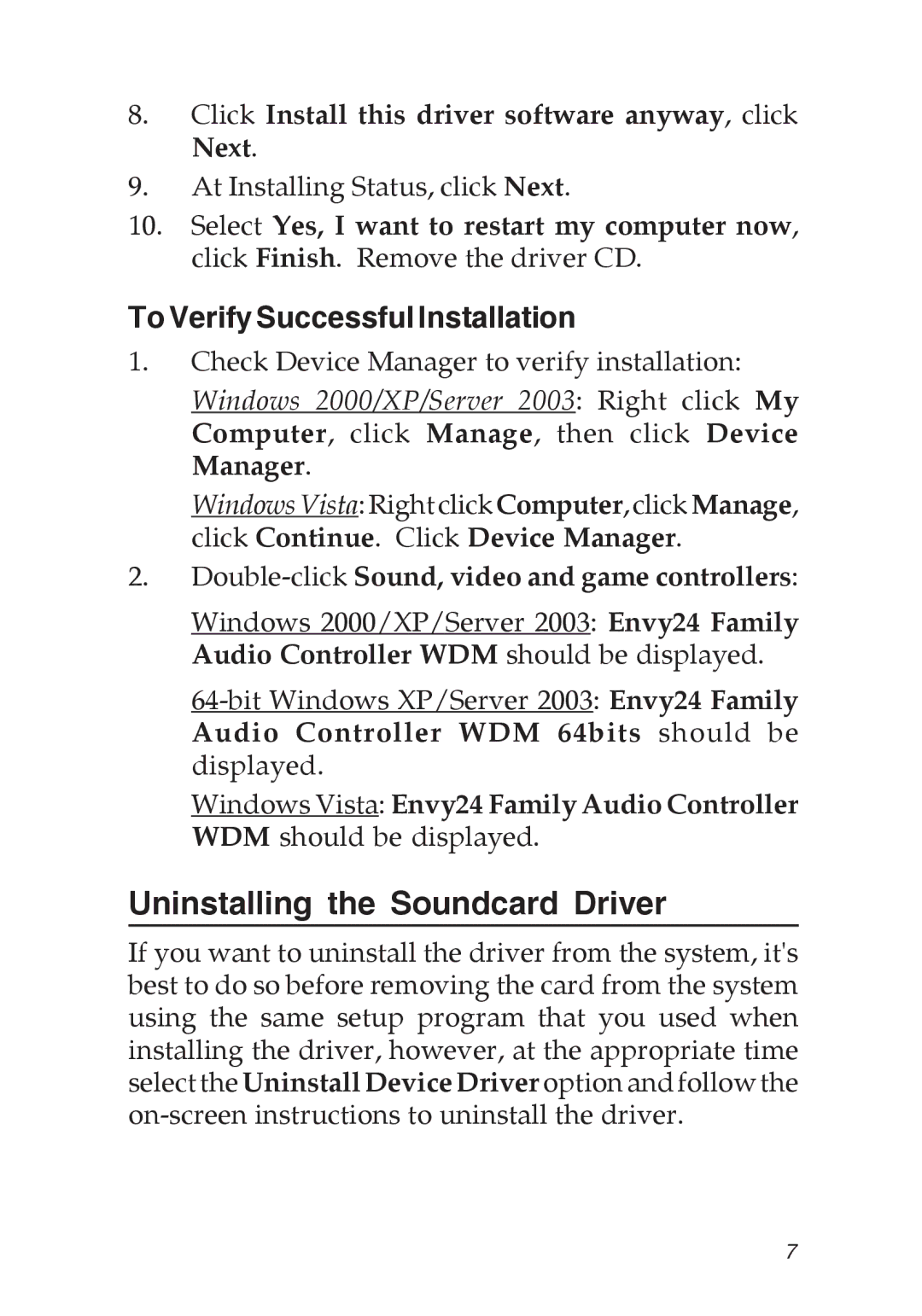 SIIG 5.1 specifications Uninstalling the Soundcard Driver, To Verify Successful Installation 