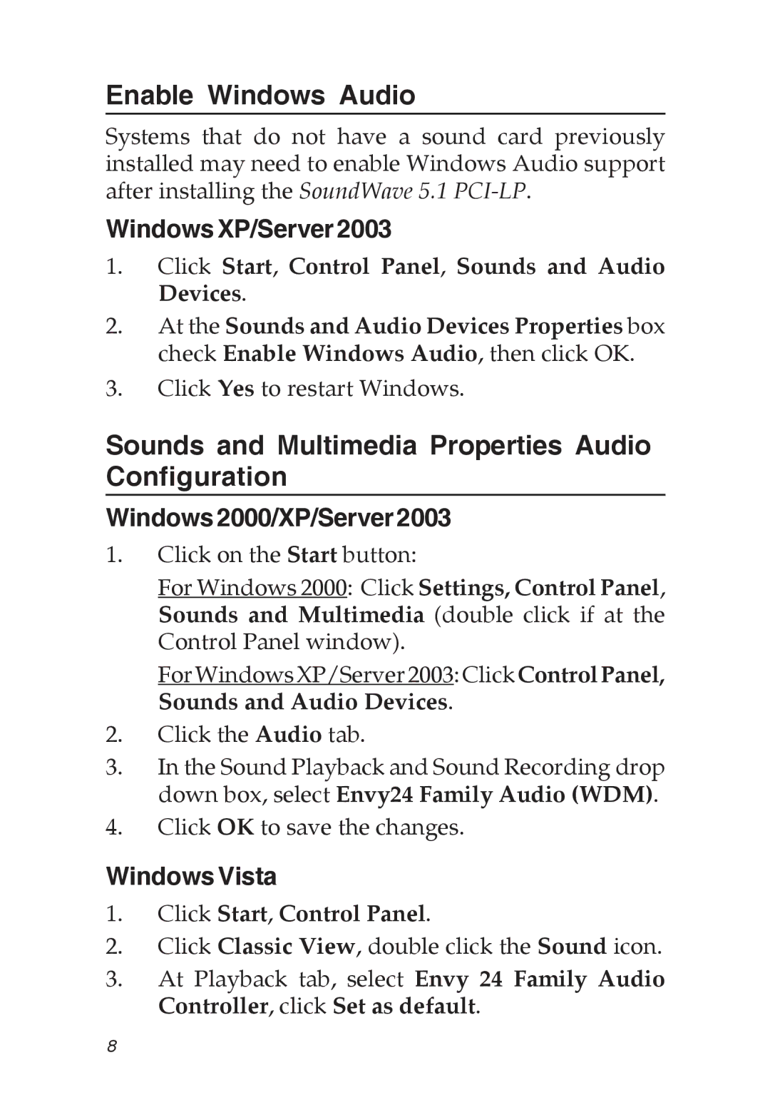 SIIG 5.1 specifications Enable Windows Audio, Sounds and Multimedia Properties Audio Configuration, WindowsXP/Server2003 