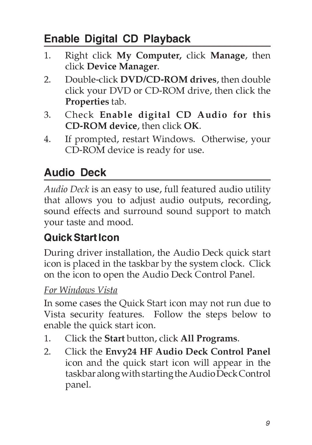 SIIG 5.1 specifications Enable Digital CD Playback, Audio Deck, Quick Start Icon 