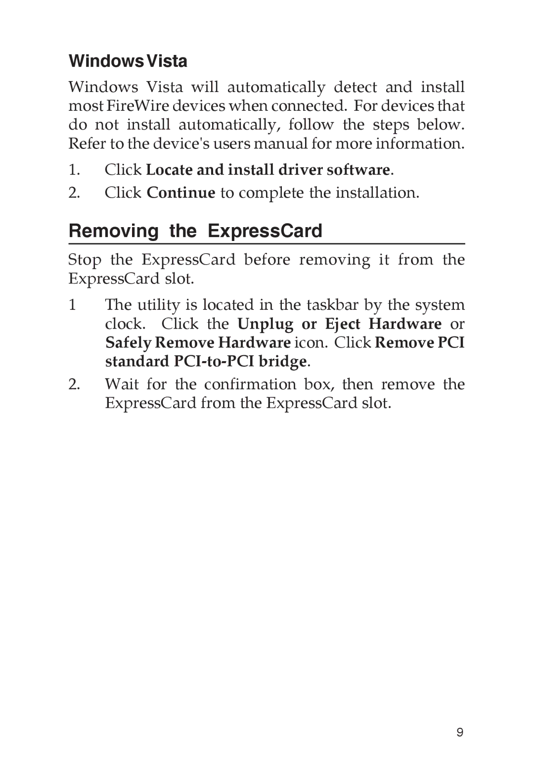 SIIG 700 manual Removing the ExpressCard, Windows Vista 