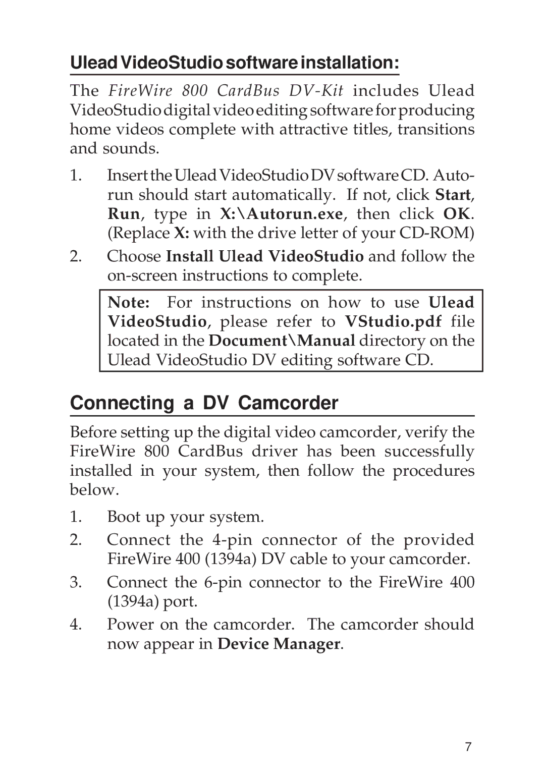 SIIG 700 manual Connecting a DV Camcorder, Ulead VideoStudio software installation 