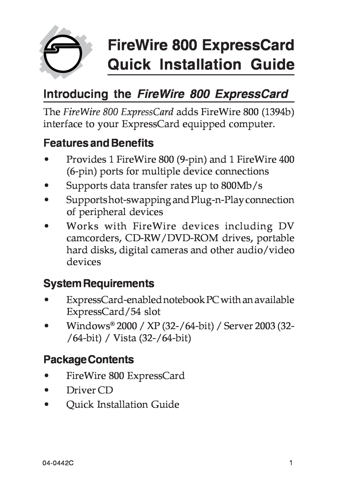 SIIG 700 manual Features and Benefits, SystemRequirements, PackageContents, Introducing the FireWire 800 ExpressCard 