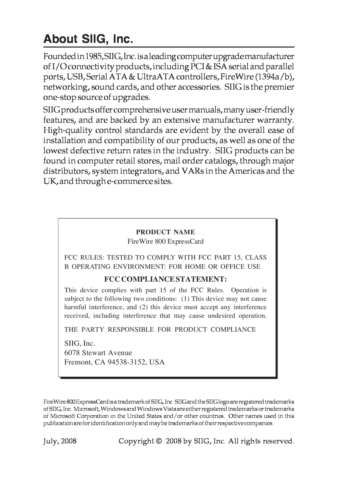 SIIG 700 manual About SIIG, Inc, Fcc Compliance Statement 