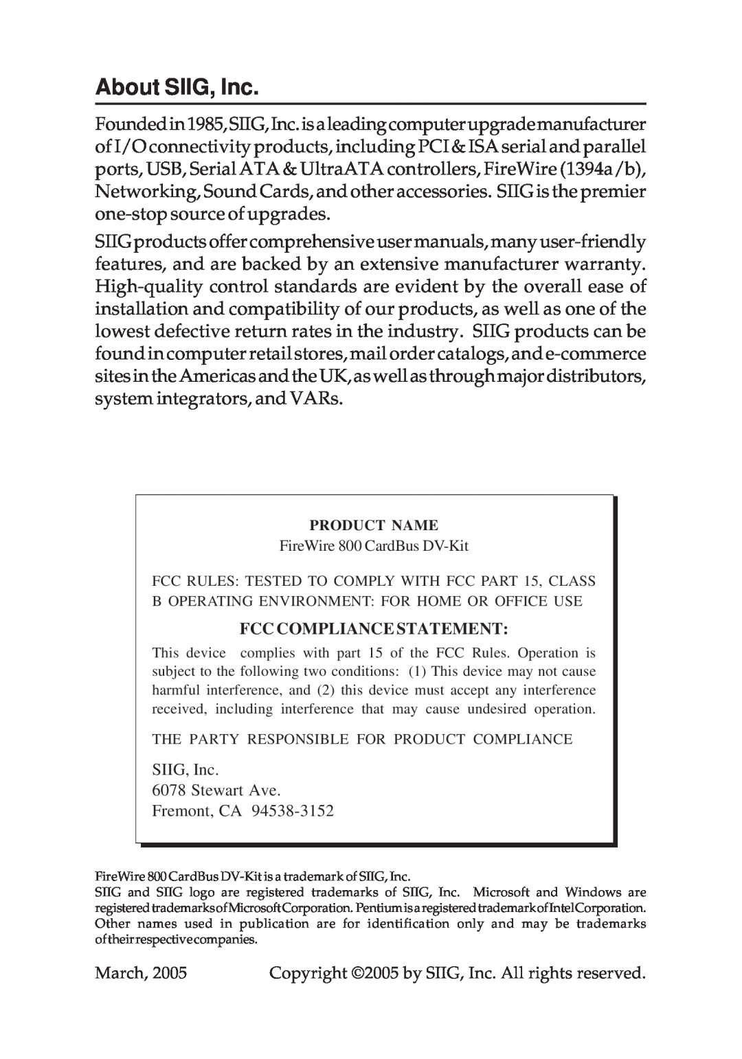 SIIG 700 manual About SIIG, Inc, Fcc Compliance Statement 