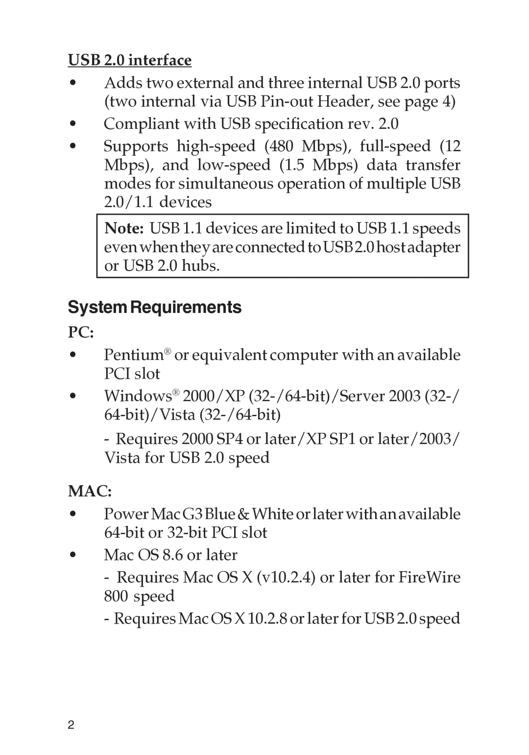 SIIG 701P48438 manual SystemRequirements, USB 2.0 interface 