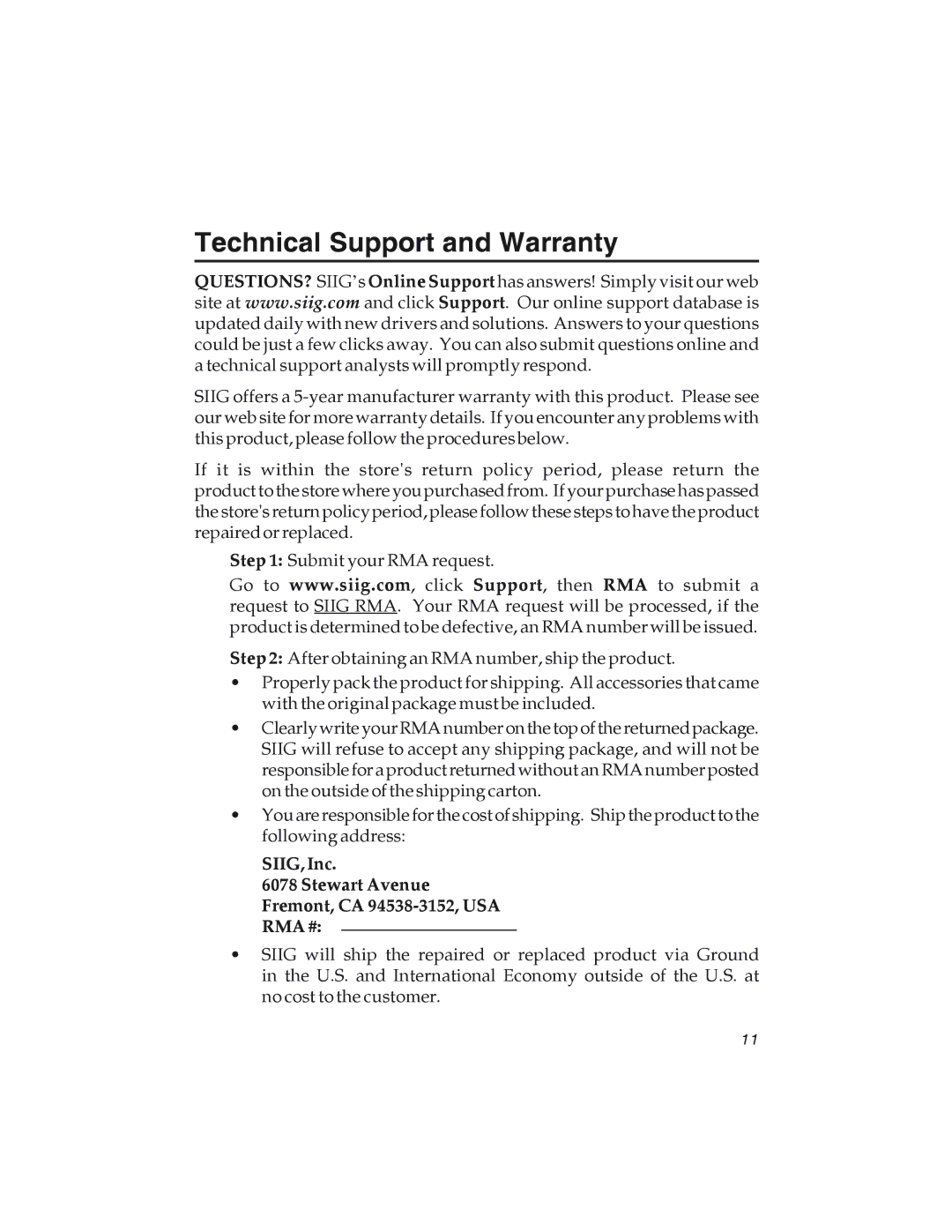 SIIG 7.1 manual Technical Support and Warranty, SIIG, Inc Stewart Avenue Fremont, CA 94538-3152, USA RMA # 