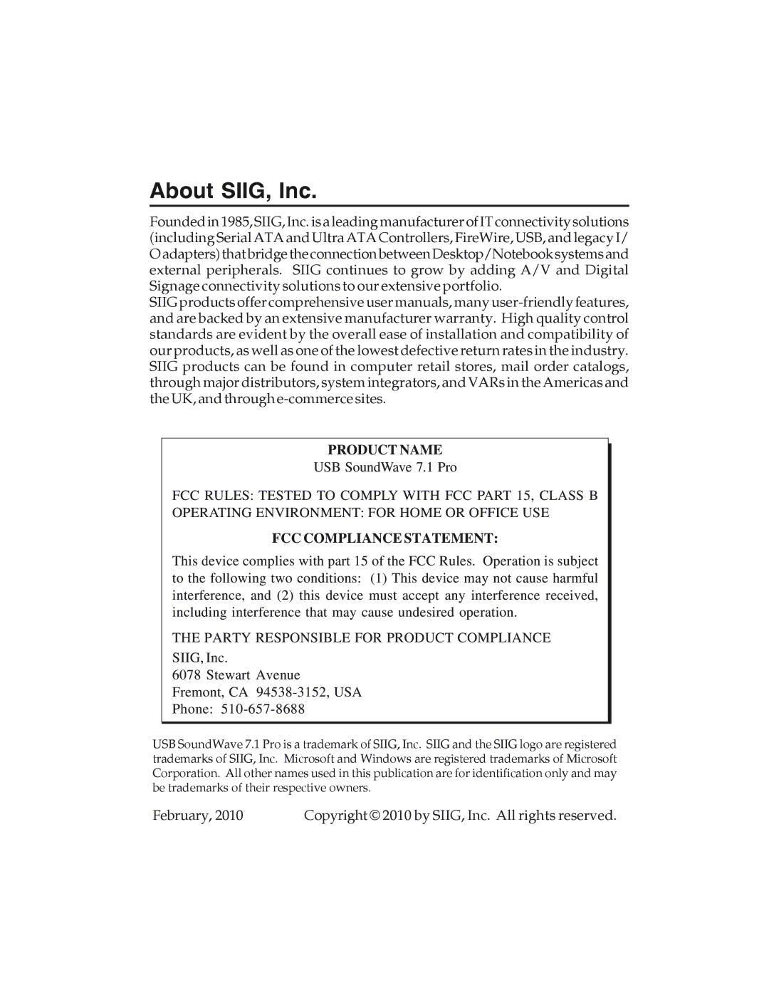 SIIG 7.1 manual About SIIG, Inc, Product Name 