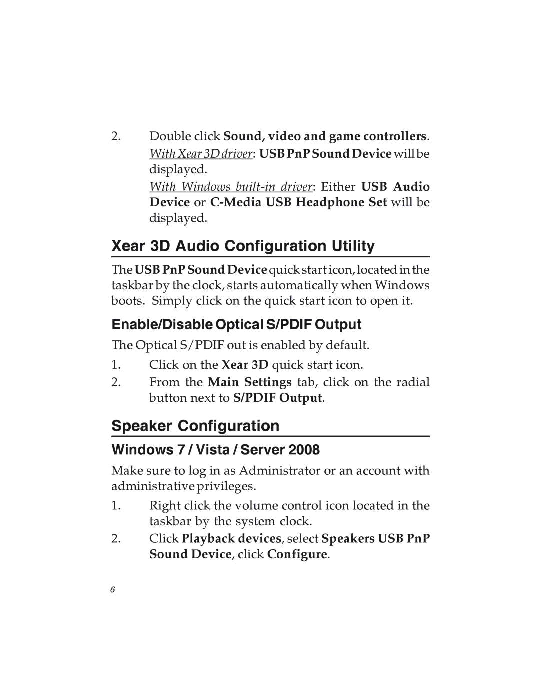 SIIG 7.1 manual Xear 3D Audio Configuration Utility, Speaker Configuration, Enable/Disable Optical S/PDIF Output 