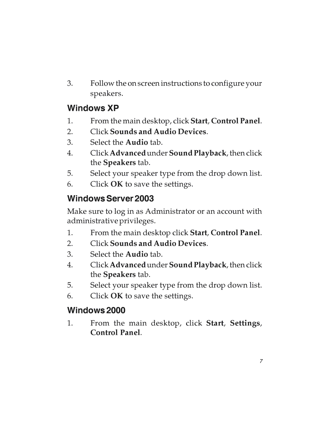 SIIG 7.1 manual Windows XP, Windows Server, Click Sounds and Audio Devices 