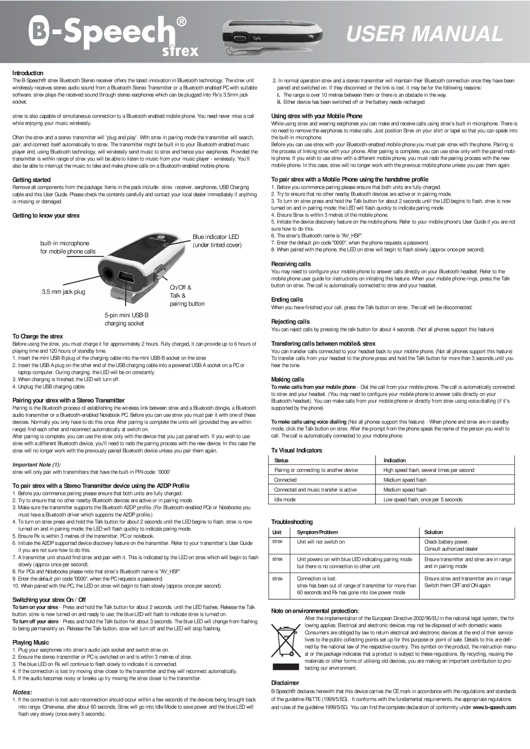 SIIG B-Speech Strex user manual Introduction, Using strex with your Mobile Phone, Getting started, Receiving calls 