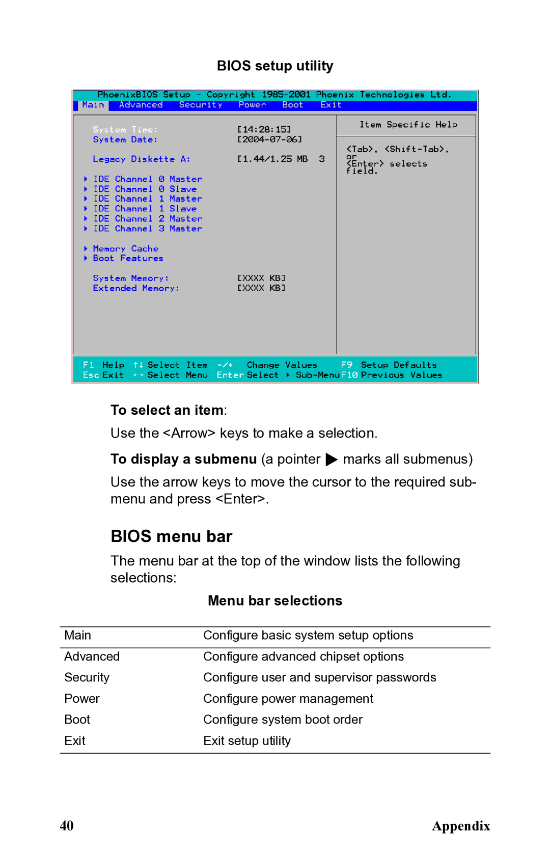 SIIG B5350 manual Bios menu bar, Bios setup utility To select an item, Menu bar selections 