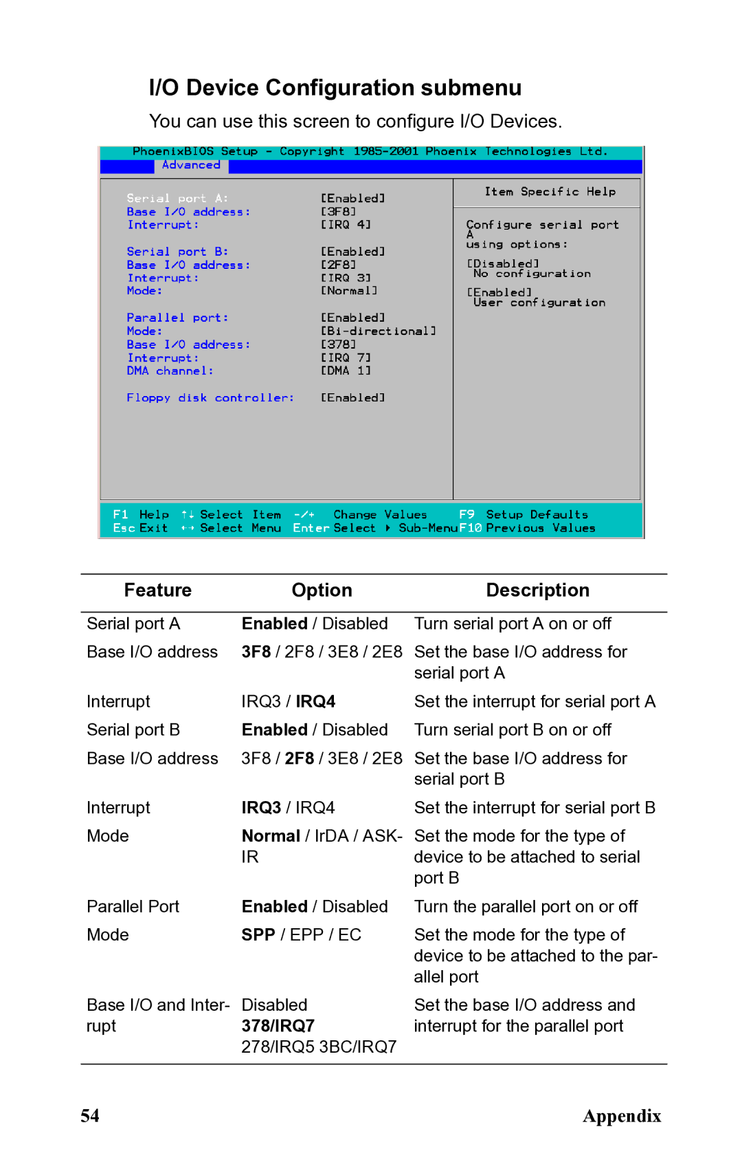 SIIG B5350 manual Device Configuration submenu, 378/IRQ7 