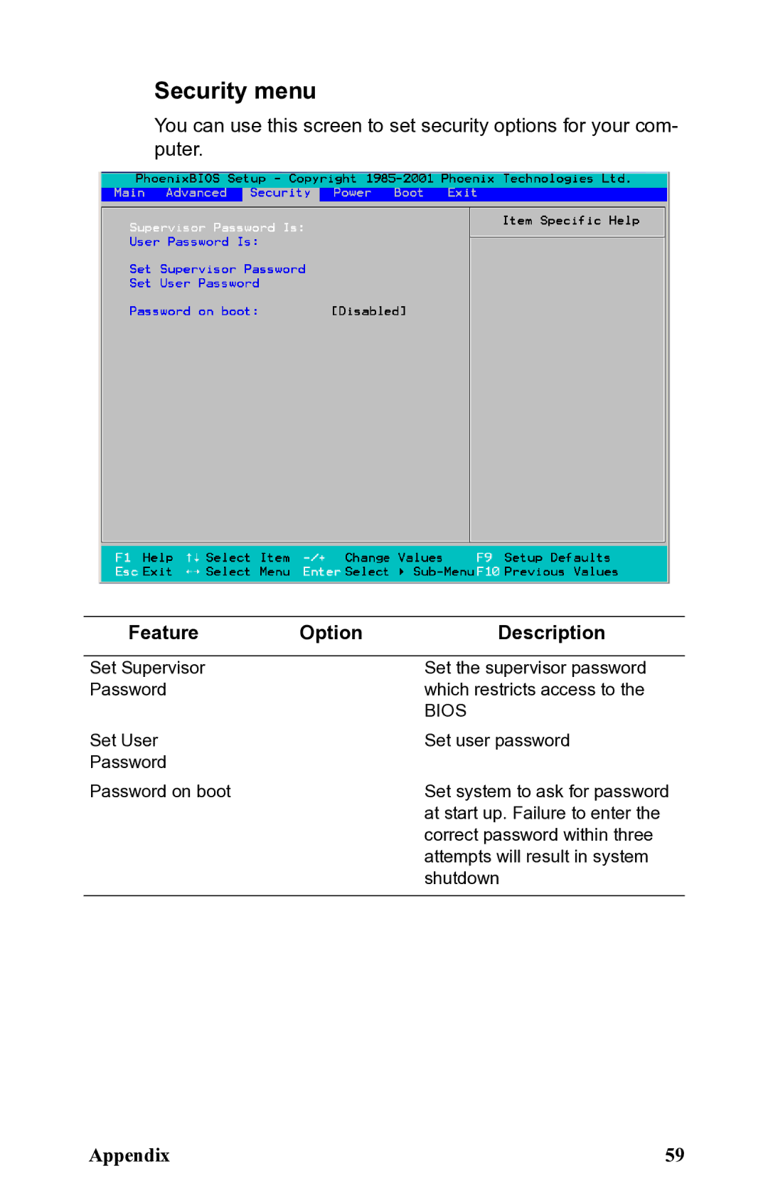 SIIG B5350 manual Security menu, Bios 